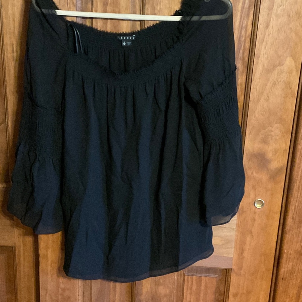 Theory Black Off-Shoulder Smocked Sleeve Tunic